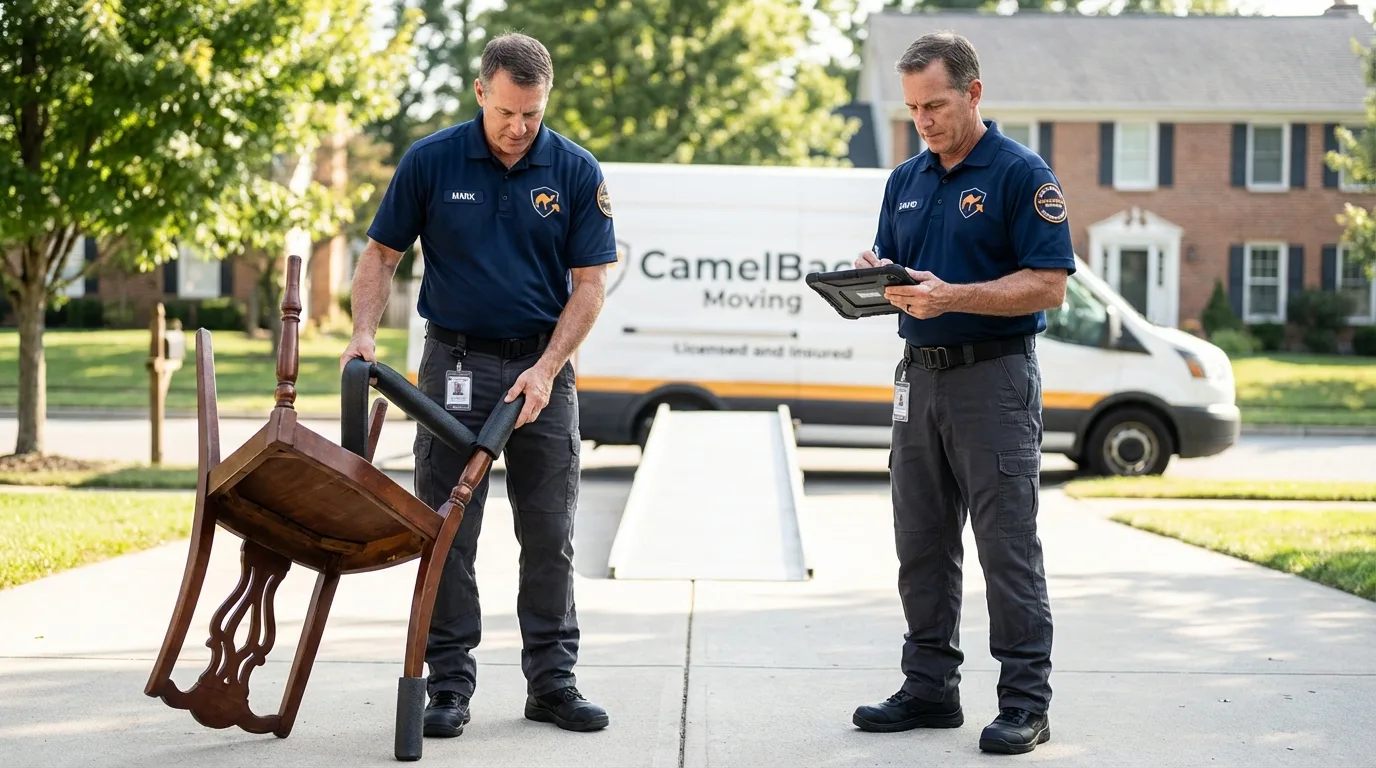Movers inspecting furniture for damage prevention before loading in Owingsville, KY