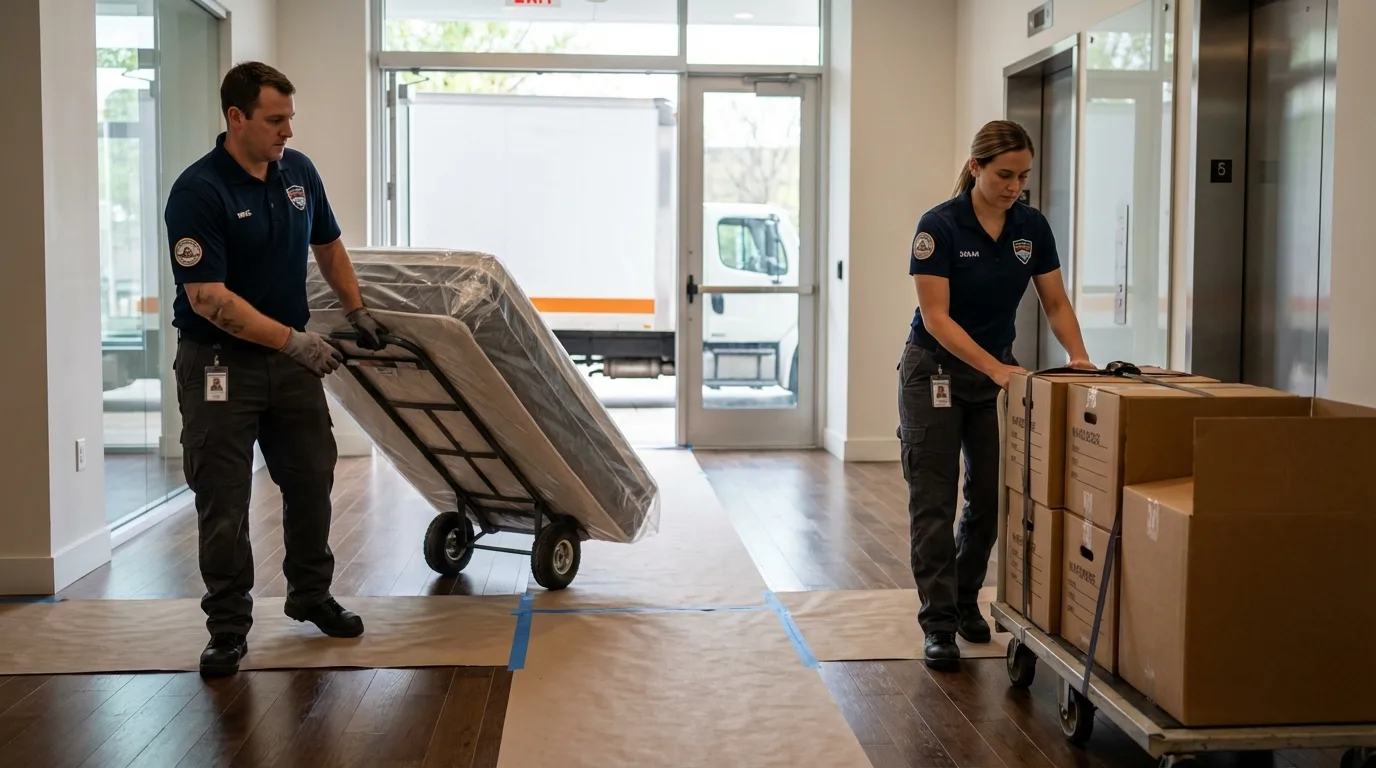 Professional apartment movers loading elevator in Owingsville, KY