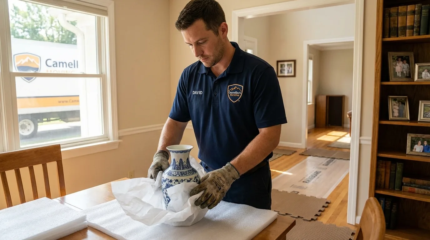 Professional crew carefully wrapping antique vase for senior downsizing move in Owingsville, KY